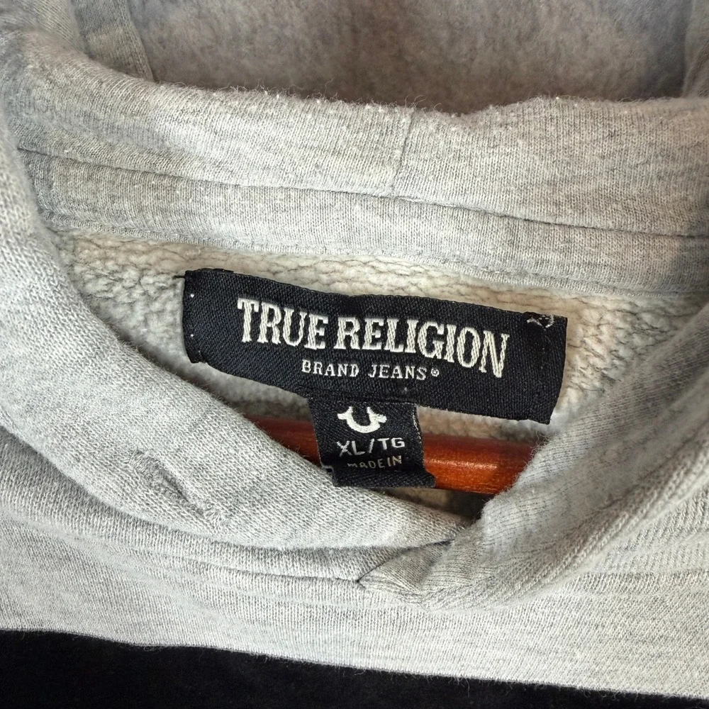 True Religion Hoodie XL Grey Buddha Guitar Graphic Pullover Streetwear Pocket